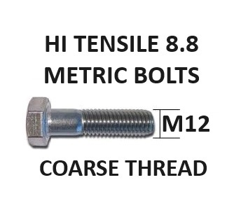 12mm Diameter Class 8.8 Hex Head High Tensile Bolts Zinc Plated. Select Length
